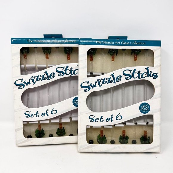 Swizzle Sticks LS Arts Venezia Art Glass Palm Trees New Old Stock 2 Sets of 6 - Picture 1 of 10